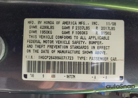 2009 Honda Accord 2.4 Lx-P из США, поврежденный, VIN 1HGCP26499A071723